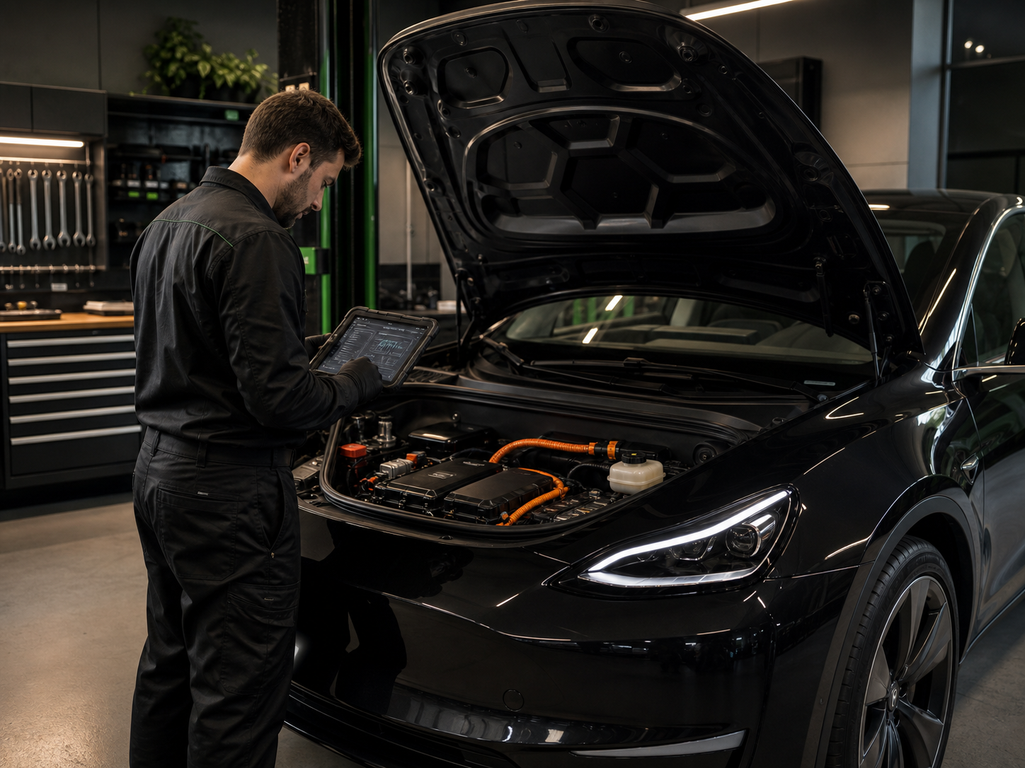Technicien réalisant un diagnostic sur un véhicule électrique